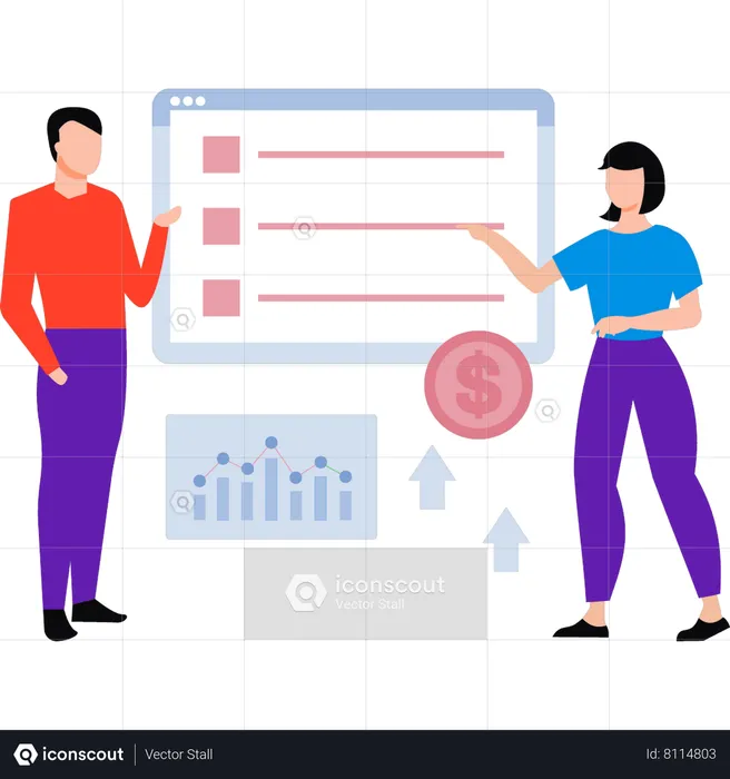 Young boy and a girl are talking about a dollar graph  Illustration