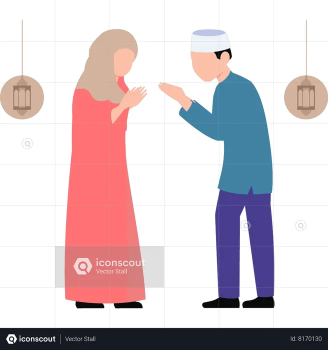 Young boy and girl are standing and praying eachother  Illustration