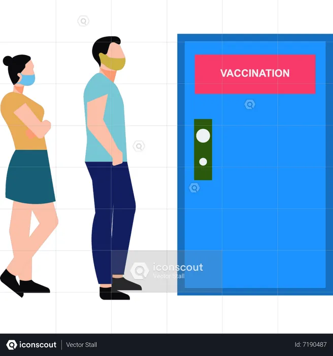 Young boy and young girl are standing outside the vaccination office  Illustration