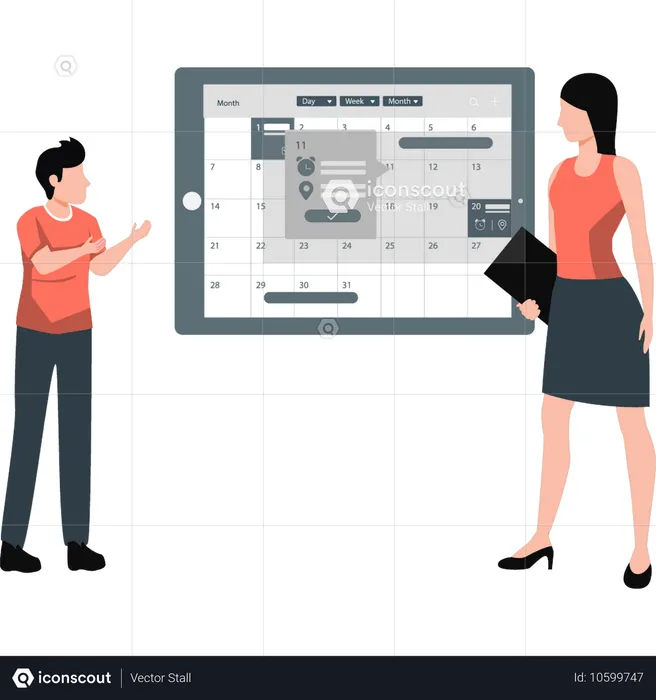 Young boy and girl discussing management calendar  Illustration