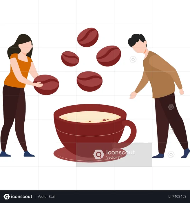 Young boy and girl making coffee  Illustration