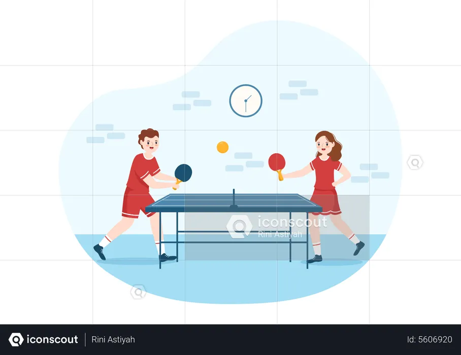 Young boy and girl Playing Table Tennis  Illustration
