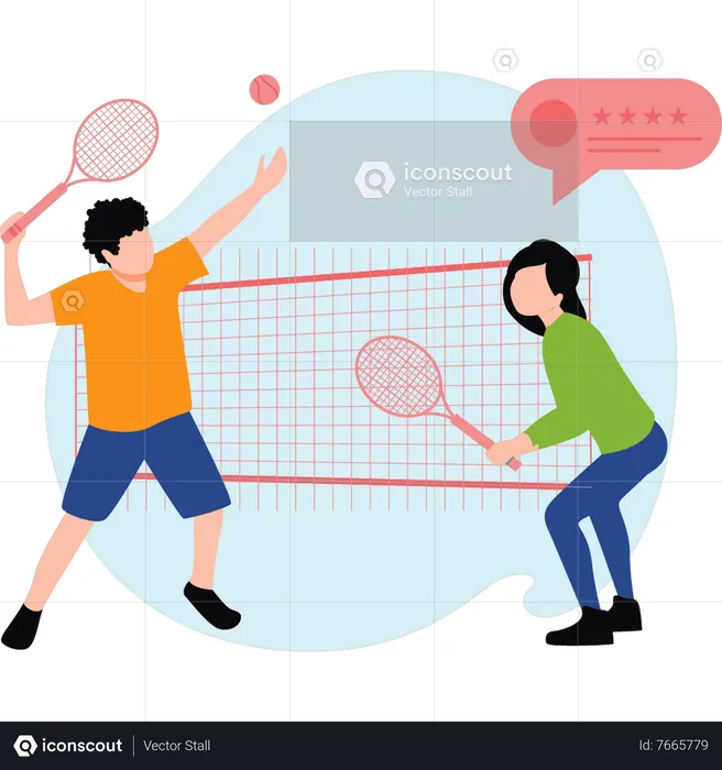 Young boy and girl playing tennis  Illustration