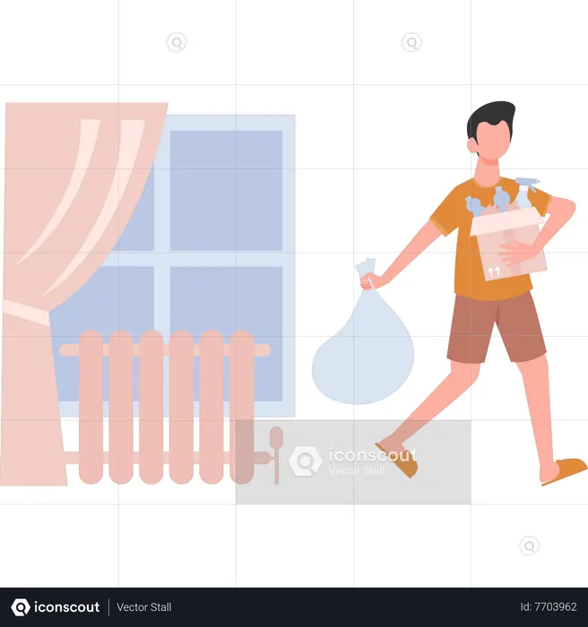 Young boy carrying trash bag  Illustration