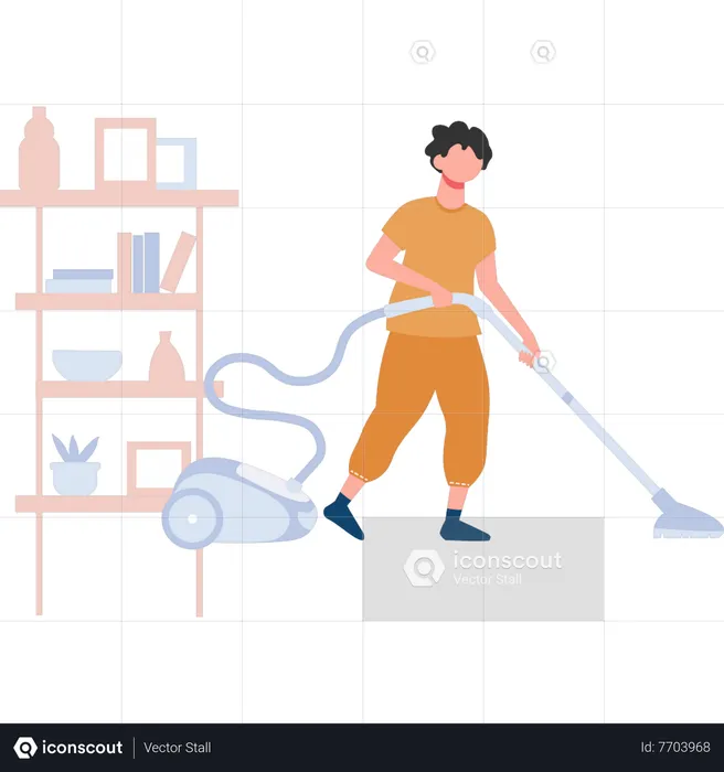 Young boy cleaning floor with vacuum cleaner  Illustration