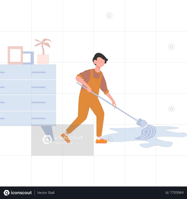 Young boy cleaning the floor with mop  Illustration