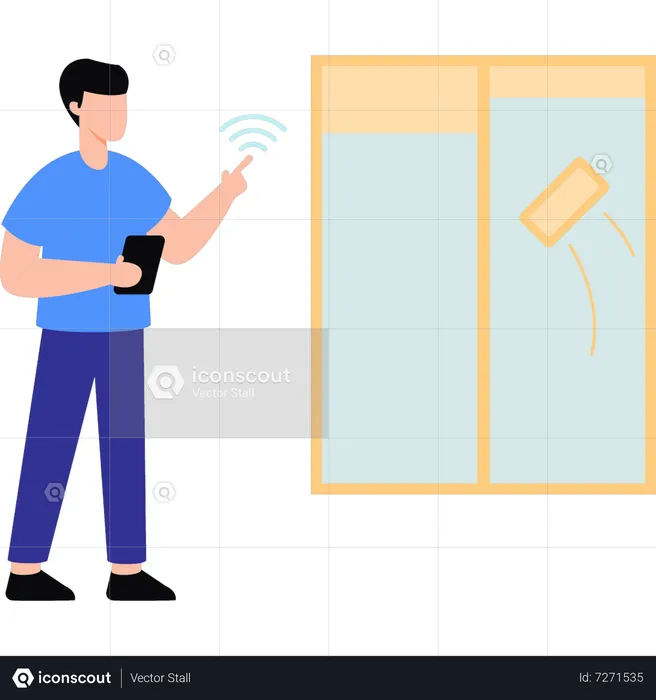 Young boy cleaning window with smart technology  Illustration