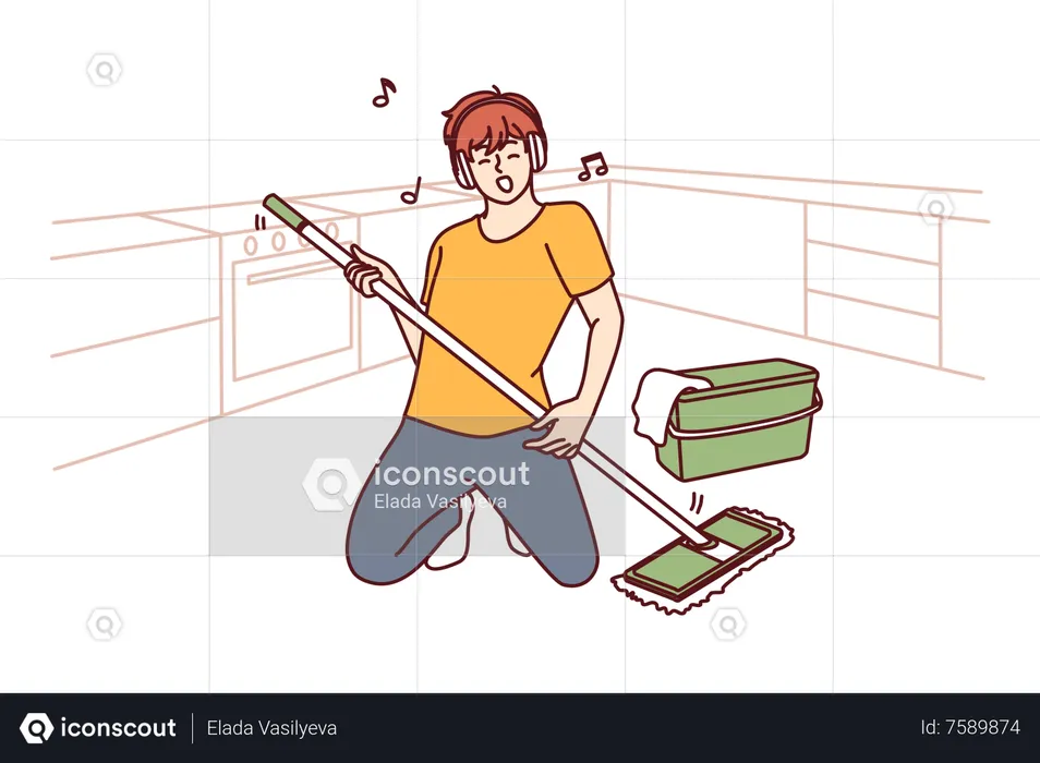 Young boy doing cleaning floor using mop  Illustration