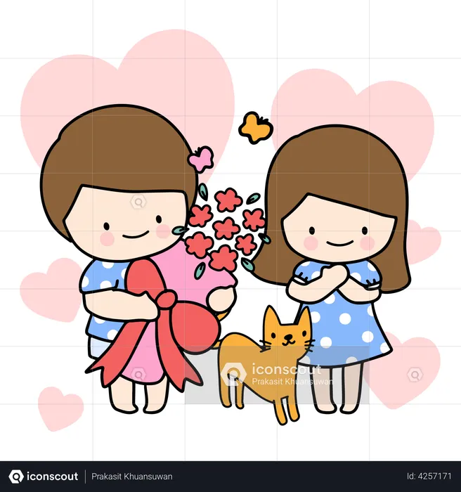 Young Boy Giving Bouquet To Girl  Illustration