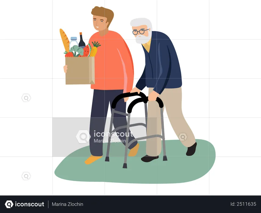 Young boy helping old man  Illustration