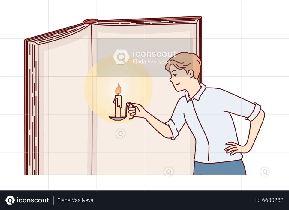 Young boy holding candle in hand and read book  Illustration