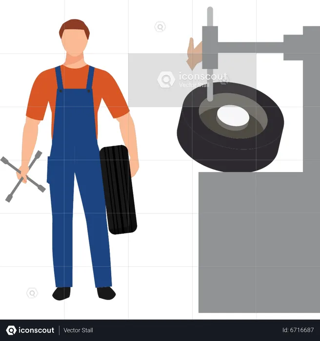 Young boy holding tire and cross wrench  Illustration