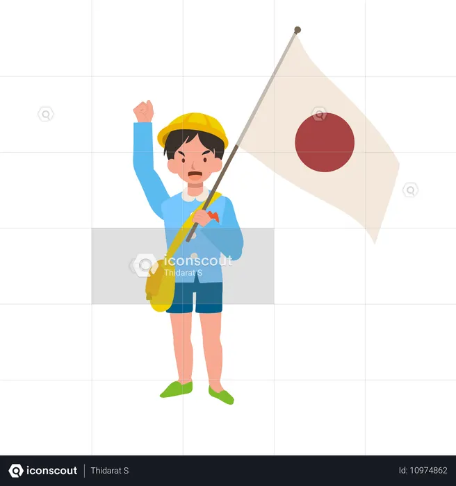 Young boy in kindergarten uniform waving japanese flag during school cultural celebration  Illustration