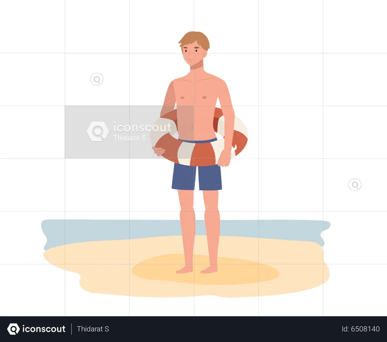 Young boy in swim suit while holding life ring on the beach  Illustration