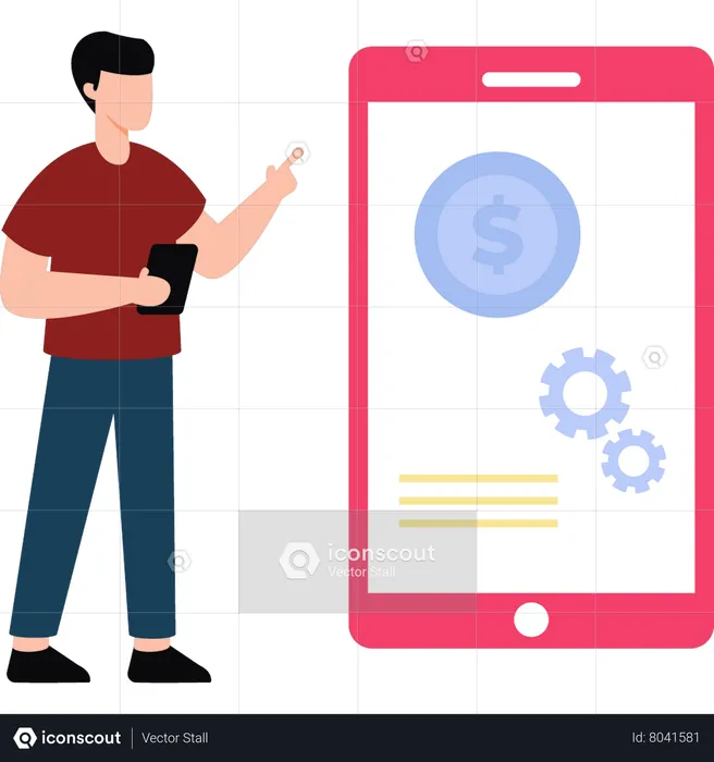 Young boy is looking at the mobile phone  Illustration