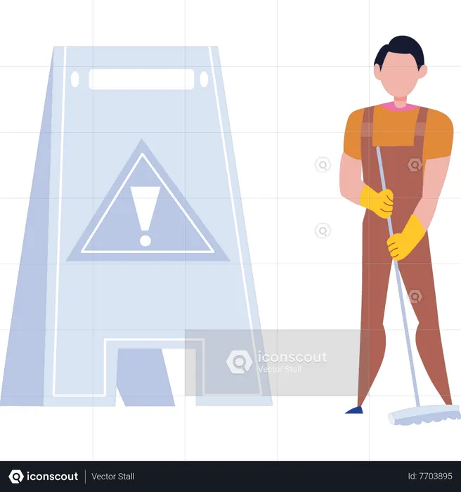 Young boy kept wet floor board while working  Illustration
