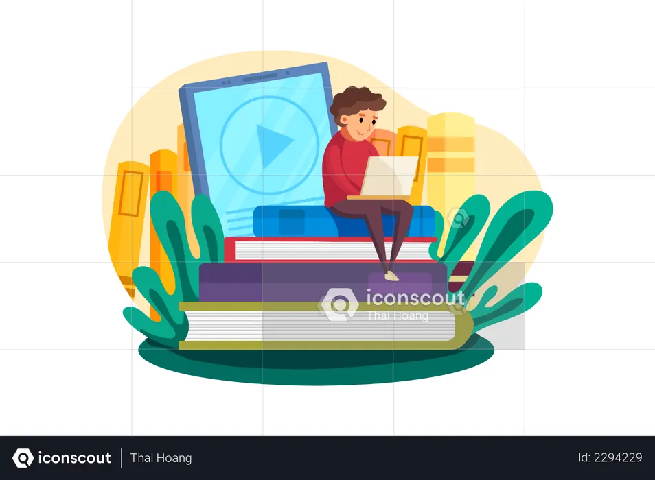 Young boy learning on laptop  Illustration