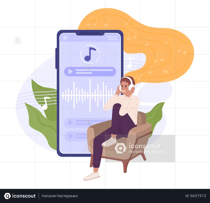 Young boy Listening to podcast in headphones  Illustration