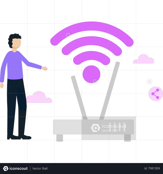 Young boy looking at modem  Illustration