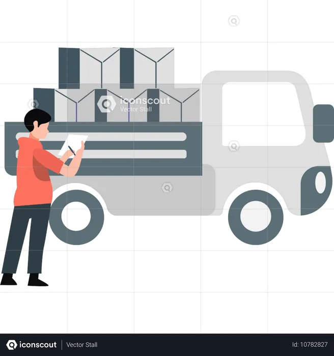 Young boy pointing delivery van  Illustration