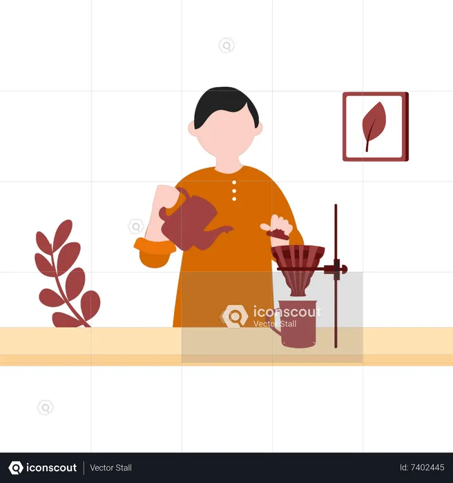 Young boy pours coffee into cup  Illustration