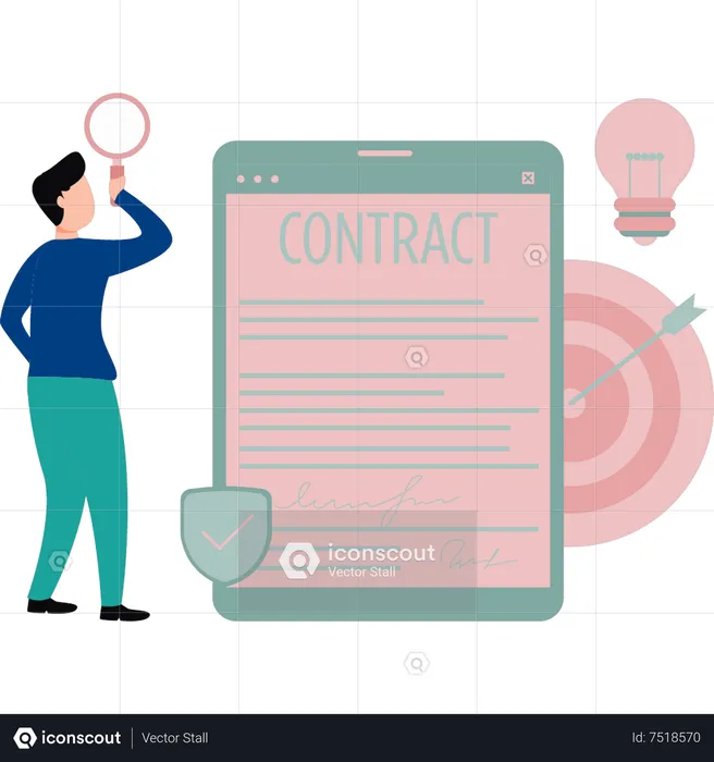 Young boy reading contract  Illustration
