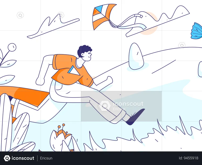 Young boy running for kite  Illustration