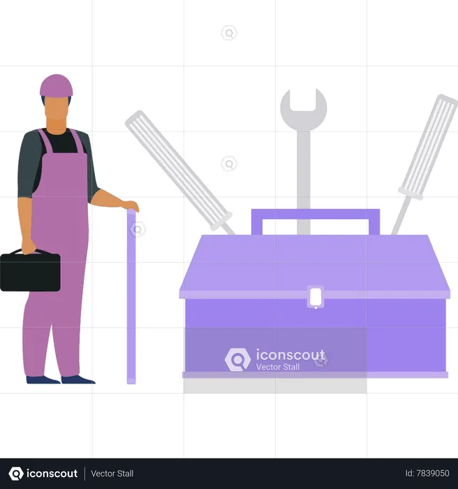 Young boy standing by toolbox  Illustration