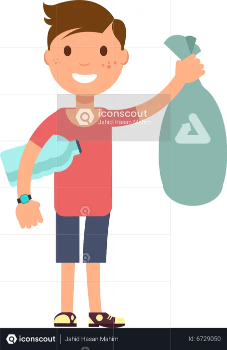 Young boy standing while holding garbage bag  Illustration