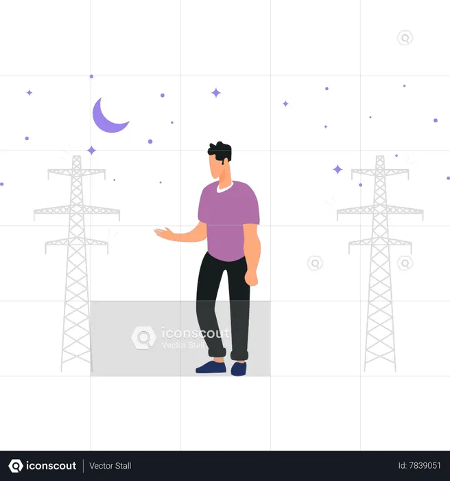 Young boy stands by towers at night  Illustration