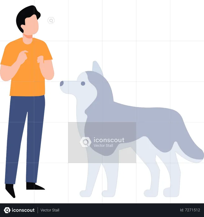 Young boy stands with dog  Illustration