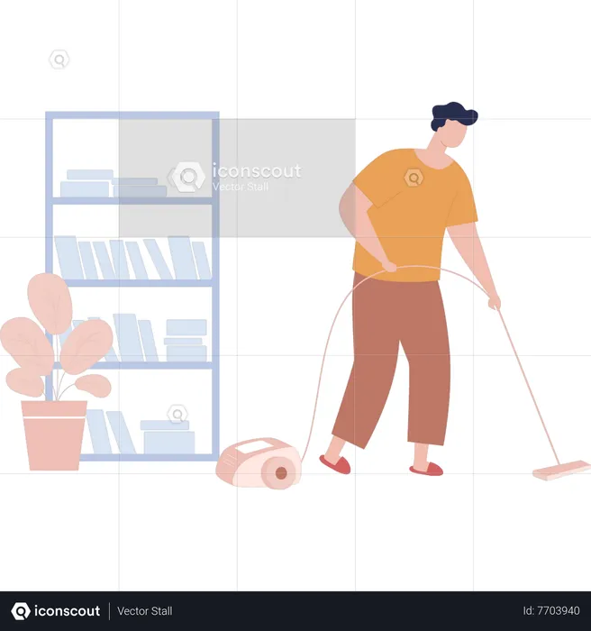 Young boy sweeping floor with hoover  Illustration