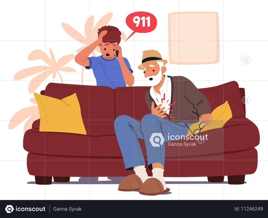 Young Boy Urgently Calling 911 While Elderly Man Experiences Chest Pain  Illustration