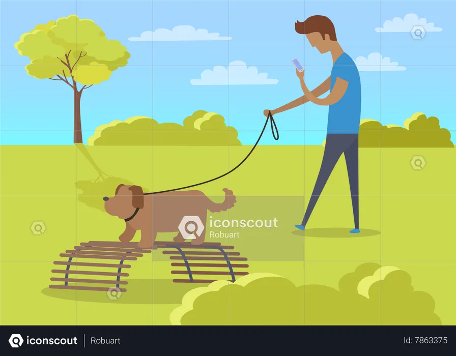 Young Boy Walking with Dog and Using Phone in Park  Illustration