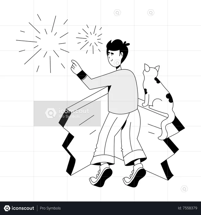 Young boy watching fireworks with cat  Illustration