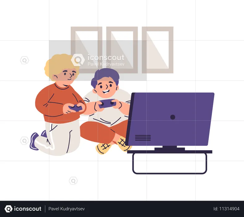 Young boys enthusiastically playing game console with help of joysticks  Illustration