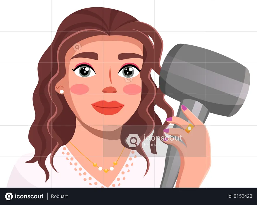 Young brunette holding hair dryer in hand  Illustration