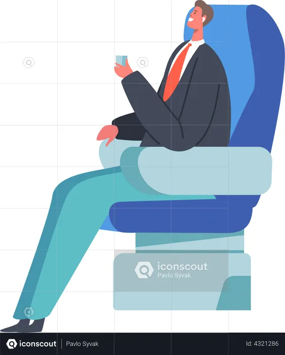 Young Business Man Sit in Comfortable Airplane Seat and Drinking Beverage  Illustration