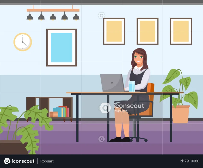 Young business woman at desk is working on laptop computer in office space  Illustration