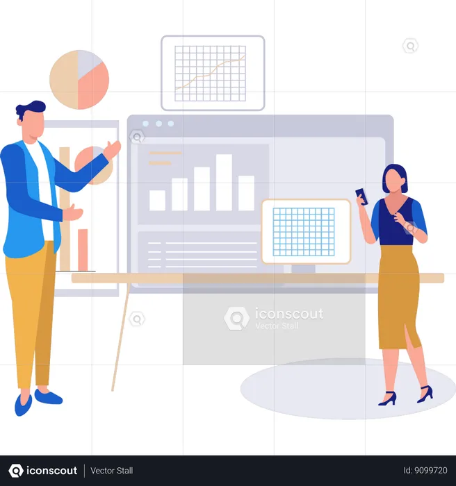 Young businessman and woman talking about chart graph  Illustration