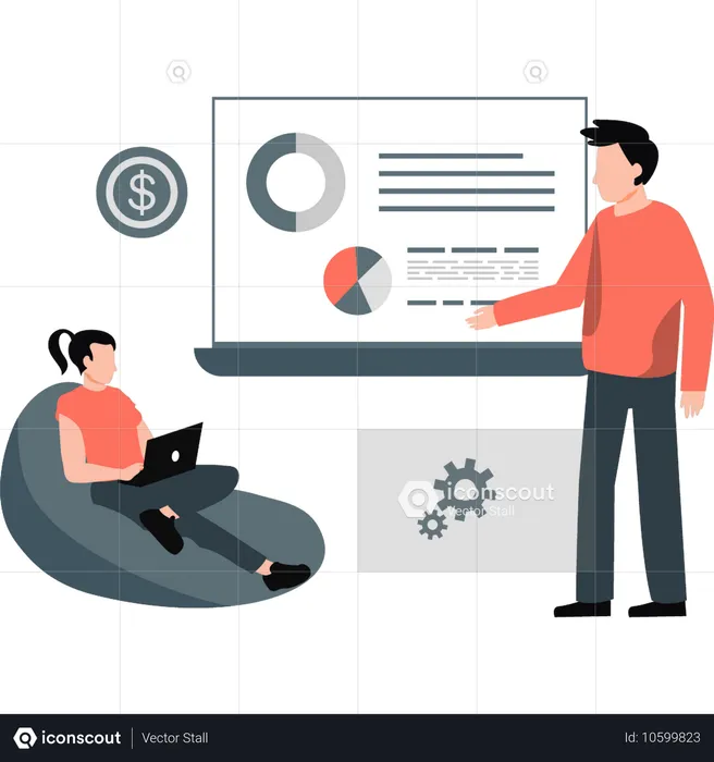 Young businessman and woman talking about product development  Illustration