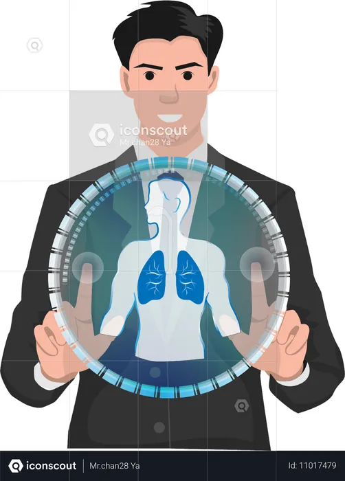 Young businessman checking condition of his lungs Using virtual artificial intelligence technology  Illustration