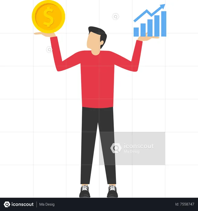 Young businessman comparing value and growth stock in his hand  Illustration