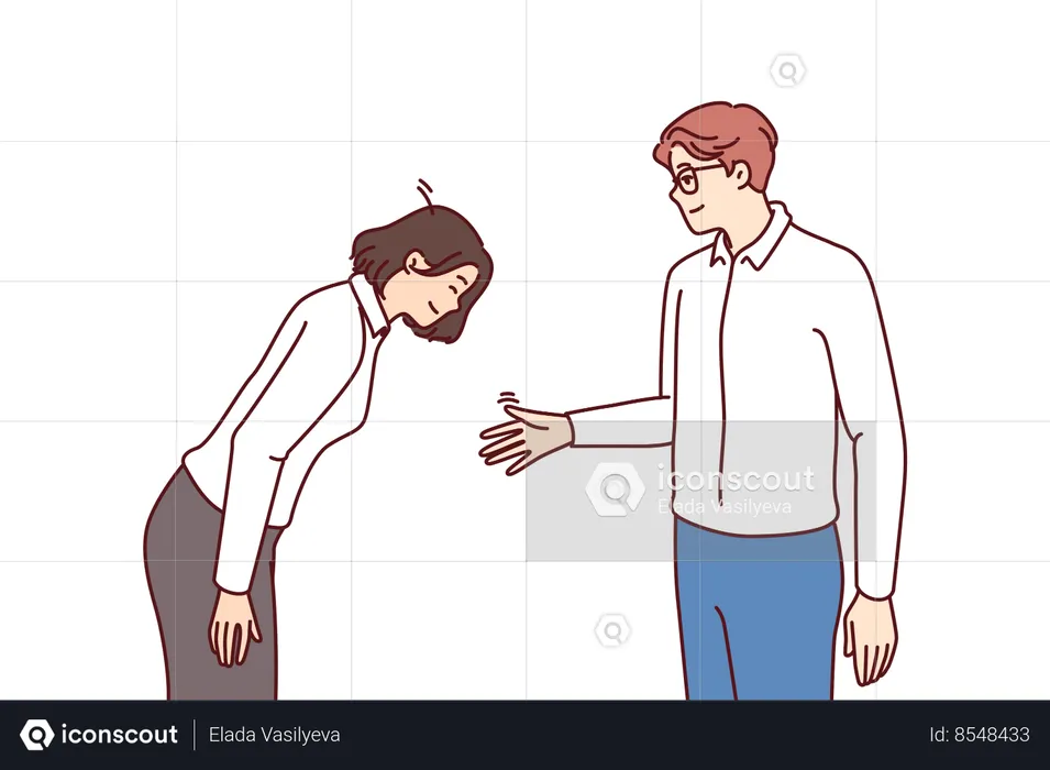 Young businessman extends hand to bowing woman as token of gratitude for job well done  Illustration