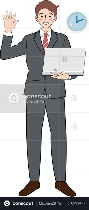 Young businessman holding a laptop in a suit Waving to greet customers  Illustration