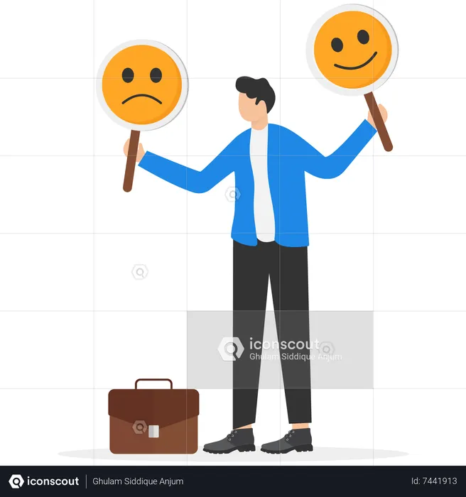 Young businessman holding smile and sad face sign  Illustration