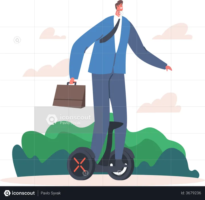 Young Businessman in Formal Wear Riding at Work on Hoverboard  Illustration