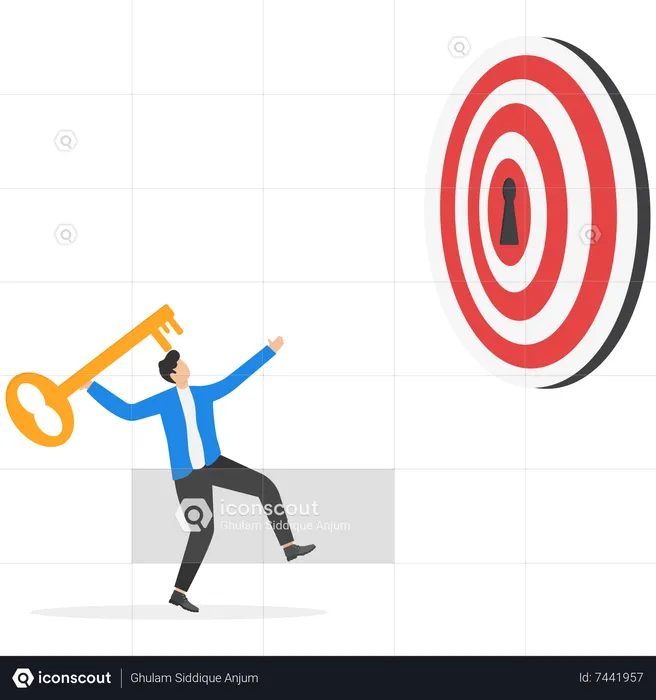 Young businessman putting golden key into bullseye target key hold to unlock business success  Illustration