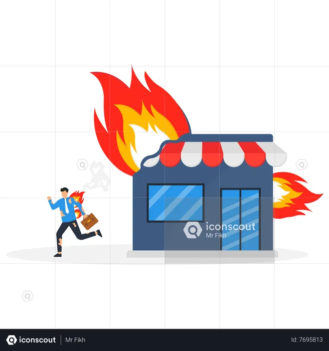 Young businessman runs from a burning shop  Illustration