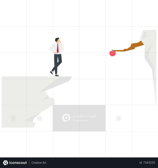 Young Businessman Standing On The Edge Of The Cliff Thinking About How To Get The Apple Across The Cliff  Illustration